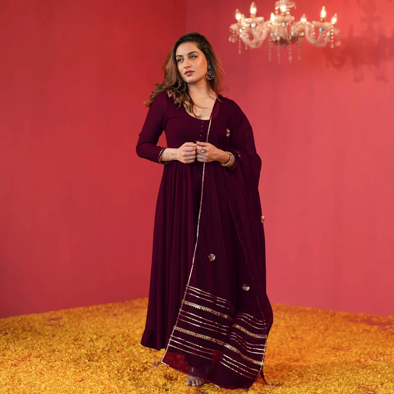 GoSriKi Wine GoSriKi Women's Rayon Blend Anarkali Solid Kurta with Pant & Dupatta (JAYNTI Wine-GS_3XL_Wine_XXX-Large) for Women | Best Price UAE